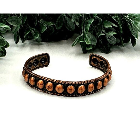Vintage-Style Copper Cuff Bracelet With Embossed Dot Pattern & Oxidized Detailin - Picture 1 of 4